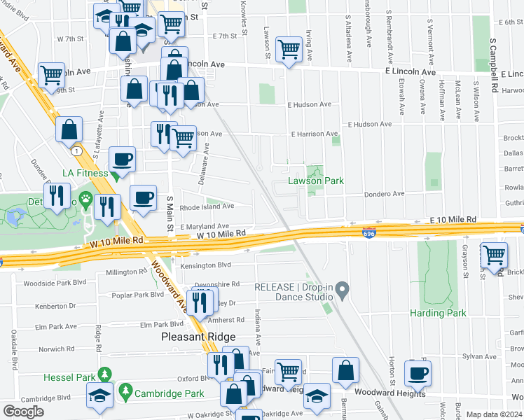 map of restaurants, bars, coffee shops, grocery stores, and more near 431 Rhode Island Avenue in Royal Oak