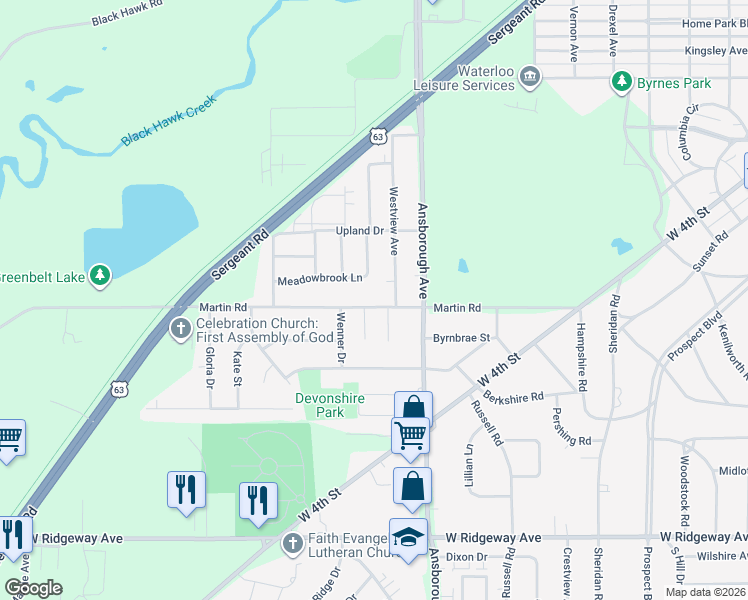map of restaurants, bars, coffee shops, grocery stores, and more near 416 Martin Road in Waterloo
