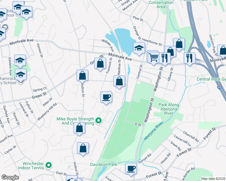 map of restaurants, bars, coffee shops, grocery stores, and more near 3 Draper Street in Woburn