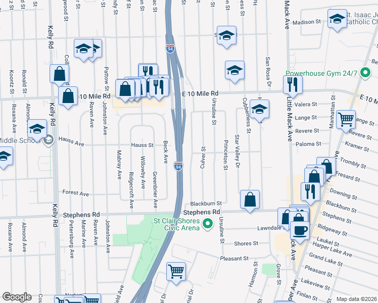 map of restaurants, bars, coffee shops, grocery stores, and more near 24701 Wood Street in St. Clair Shores