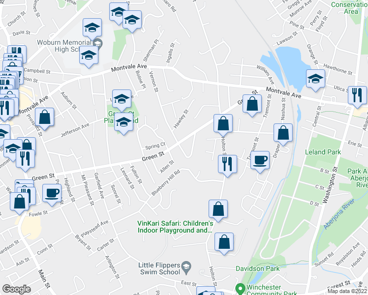 map of restaurants, bars, coffee shops, grocery stores, and more near 13 James Terrace in Woburn