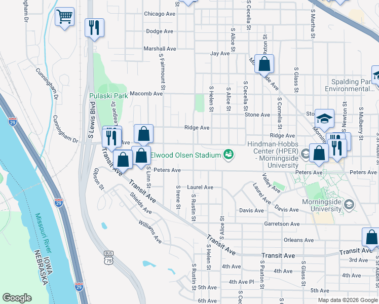 map of restaurants, bars, coffee shops, grocery stores, and more near 1415 South Rustin Street in Sioux City