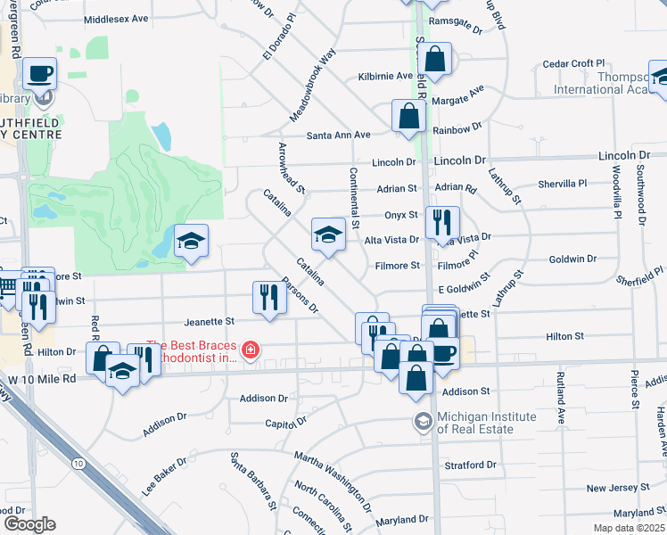 map of restaurants, bars, coffee shops, grocery stores, and more near 25575 Grand Concourse Street in Southfield