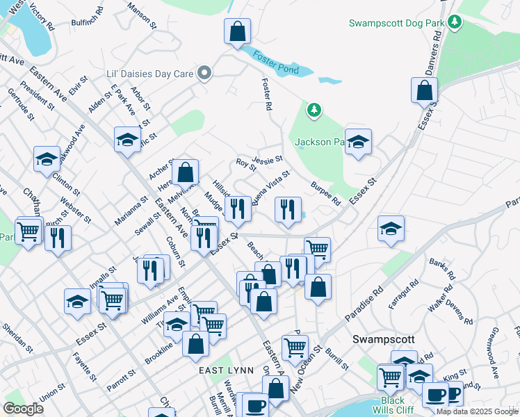 map of restaurants, bars, coffee shops, grocery stores, and more near 54 Cherry Street in Swampscott