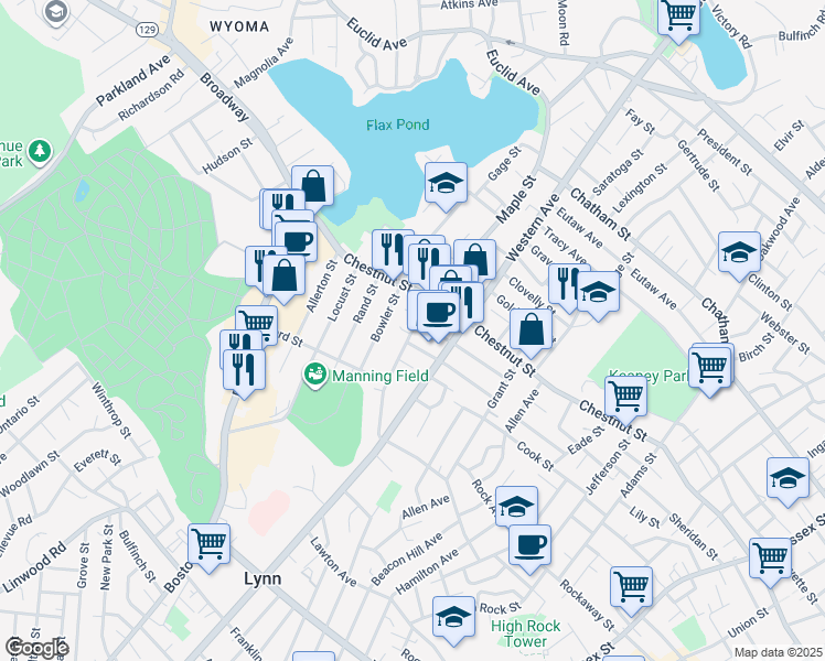 map of restaurants, bars, coffee shops, grocery stores, and more near 283 Maple Street in Lynn