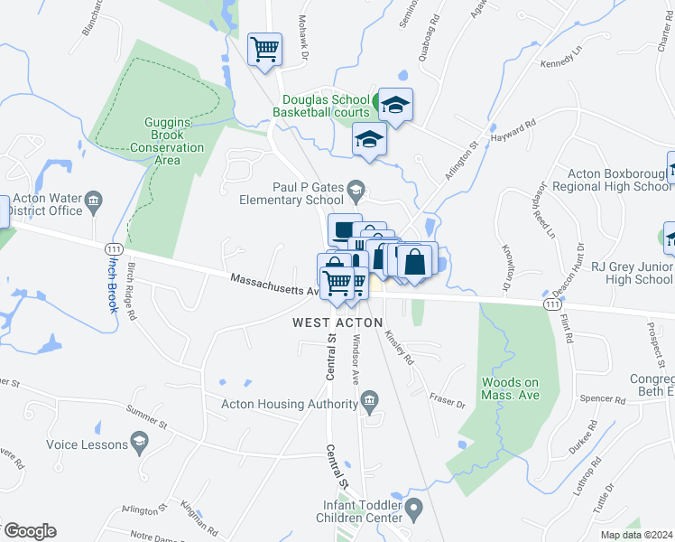 map of restaurants, bars, coffee shops, grocery stores, and more near 294 Central Street in Acton