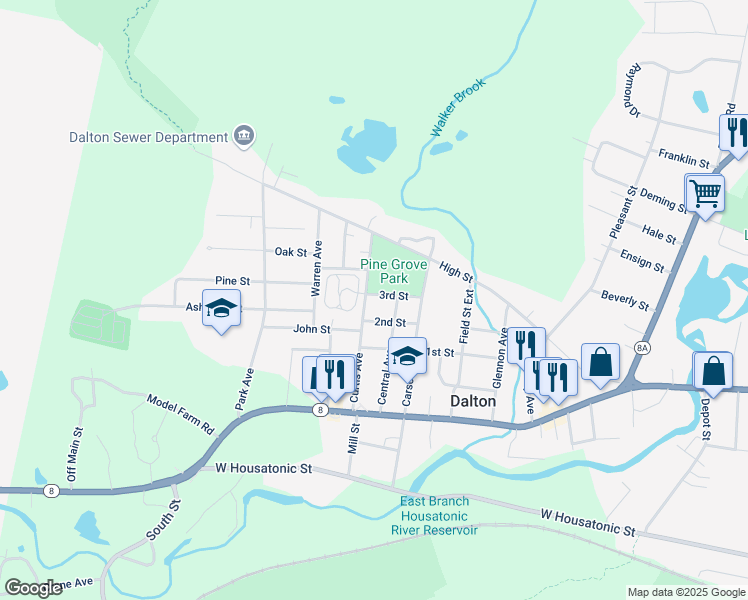 map of restaurants, bars, coffee shops, grocery stores, and more near 24 3rd Street in Dalton