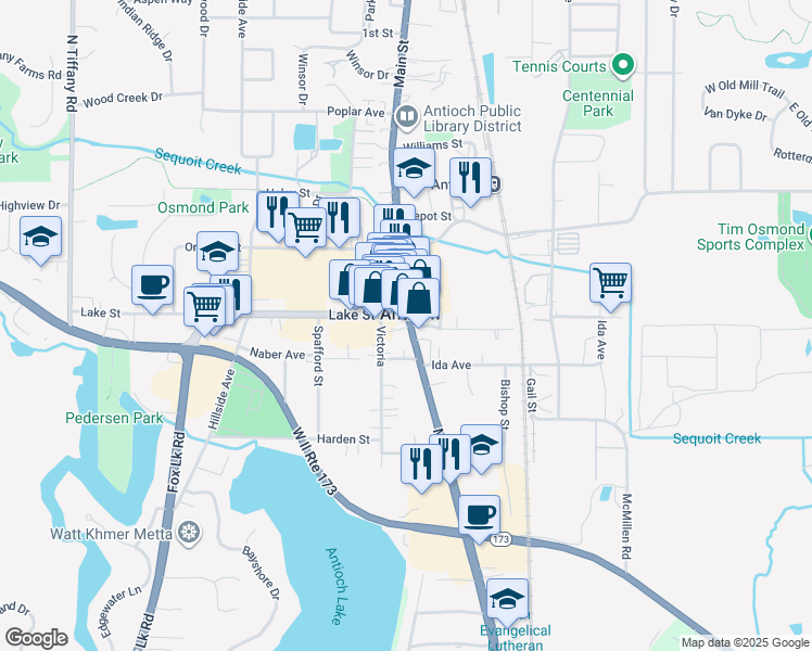 map of restaurants, bars, coffee shops, grocery stores, and more near 386 Channel Lake Road in Antioch