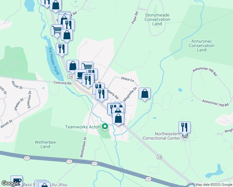 map of restaurants, bars, coffee shops, grocery stores, and more near 10 Bayberry Rd in Acton