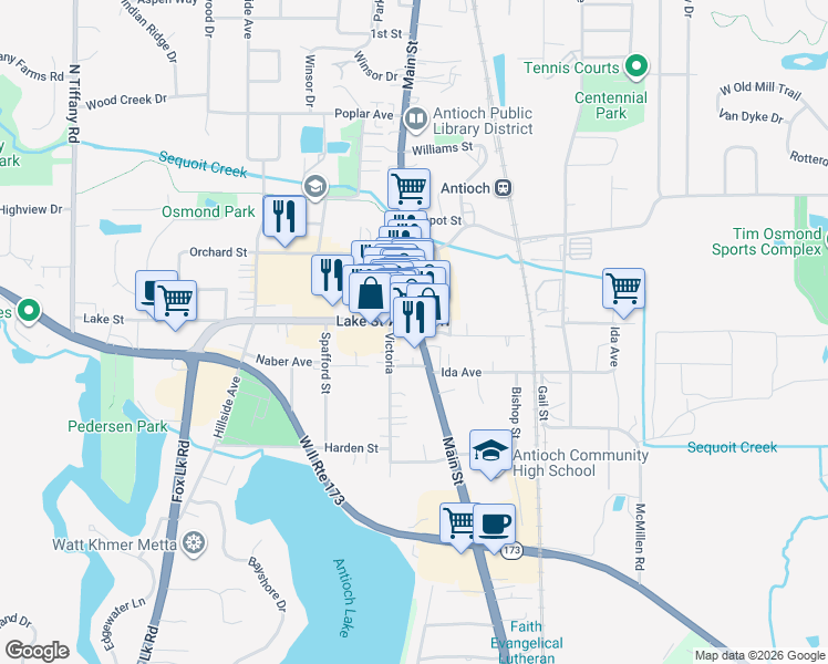 map of restaurants, bars, coffee shops, grocery stores, and more near 386 Channel Lake Road in Antioch