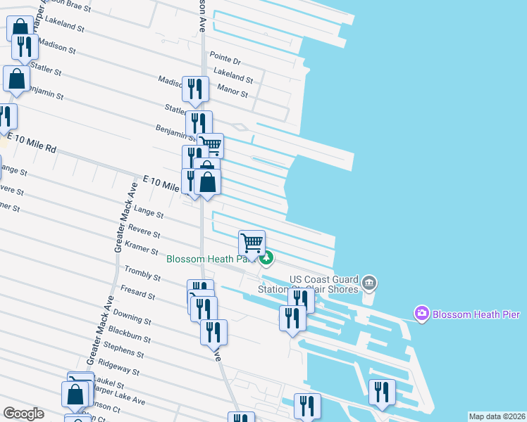 map of restaurants, bars, coffee shops, grocery stores, and more near 22493 East 10 Mile Road in St. Clair Shores