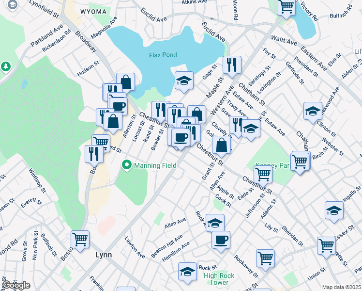 map of restaurants, bars, coffee shops, grocery stores, and more near 61 Tucker Street in Lynn