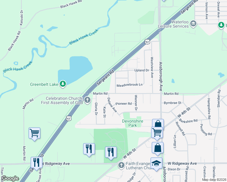 map of restaurants, bars, coffee shops, grocery stores, and more near 600 Martin Road in Waterloo
