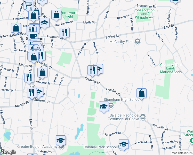 map of restaurants, bars, coffee shops, grocery stores, and more near 136 Franklin Street in Stoneham