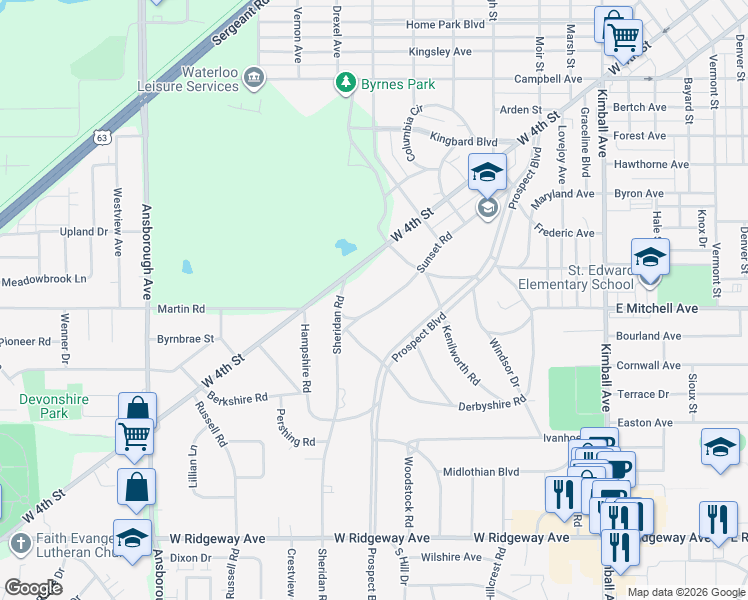 map of restaurants, bars, coffee shops, grocery stores, and more near 554 Sunset Road in Waterloo