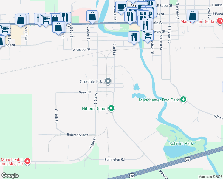 map of restaurants, bars, coffee shops, grocery stores, and more near Grant St in Manchester