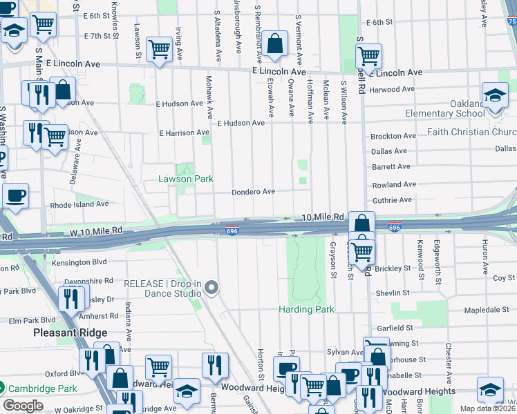 map of restaurants, bars, coffee shops, grocery stores, and more near 1518 Etowah Avenue in Royal Oak