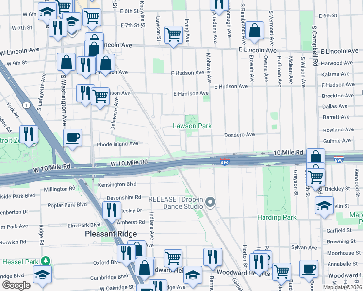 map of restaurants, bars, coffee shops, grocery stores, and more near 1601 Anne Drive in Royal Oak