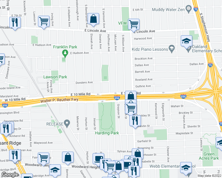 map of restaurants, bars, coffee shops, grocery stores, and more near 1525 Hoffman Avenue in Royal Oak