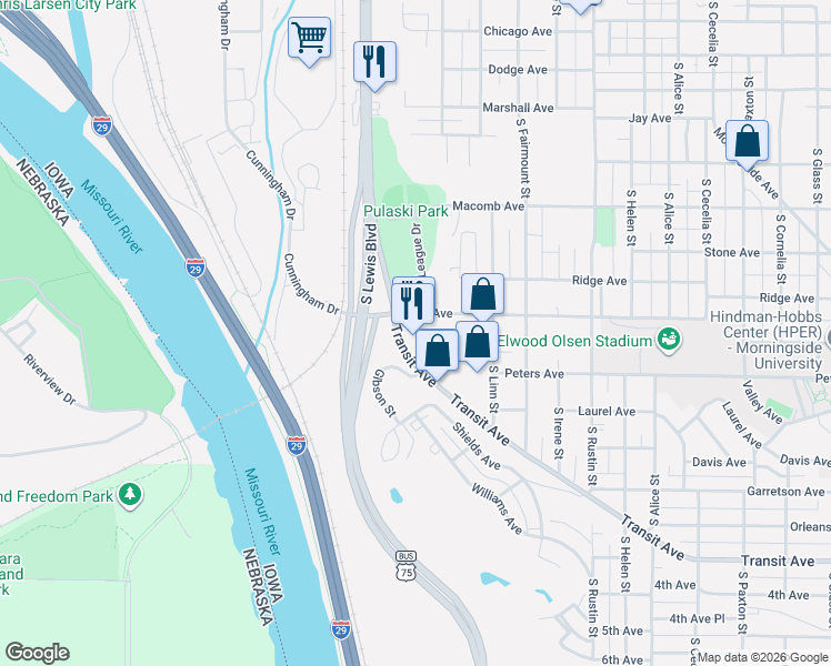 map of restaurants, bars, coffee shops, grocery stores, and more near 2320 Transit Avenue in Sioux City