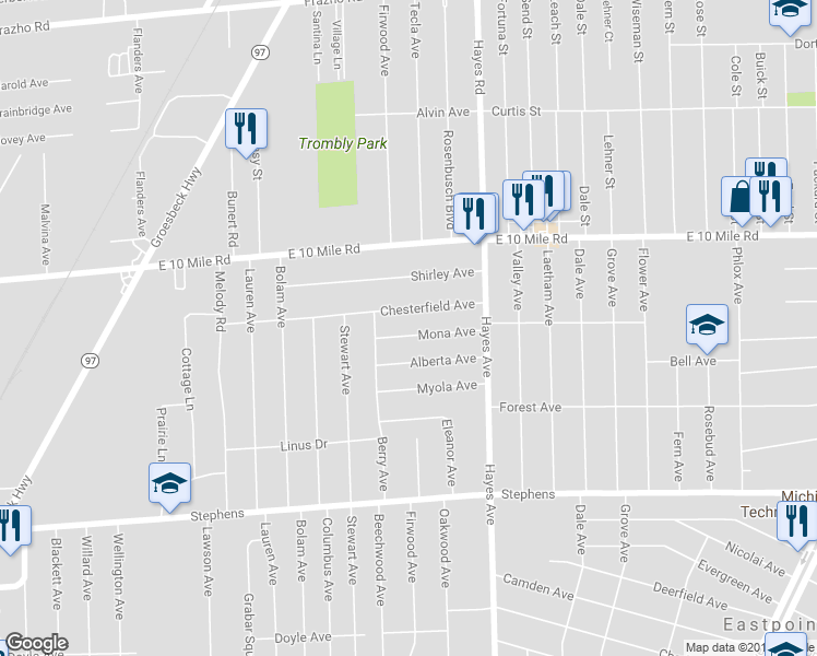 map of restaurants, bars, coffee shops, grocery stores, and more near 14833 Mona Avenue in Warren