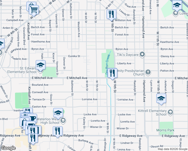 map of restaurants, bars, coffee shops, grocery stores, and more near 1952 West 7th Street in Waterloo