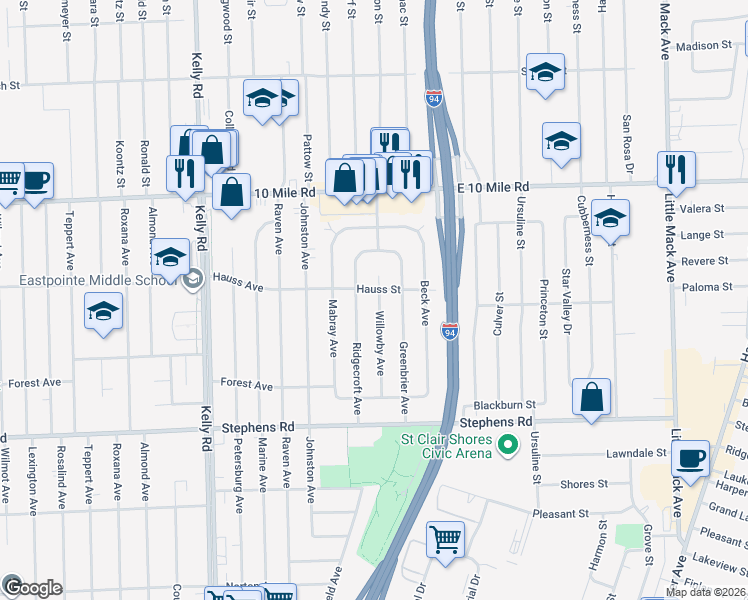 map of restaurants, bars, coffee shops, grocery stores, and more near 24695 Willowby Avenue in Eastpointe