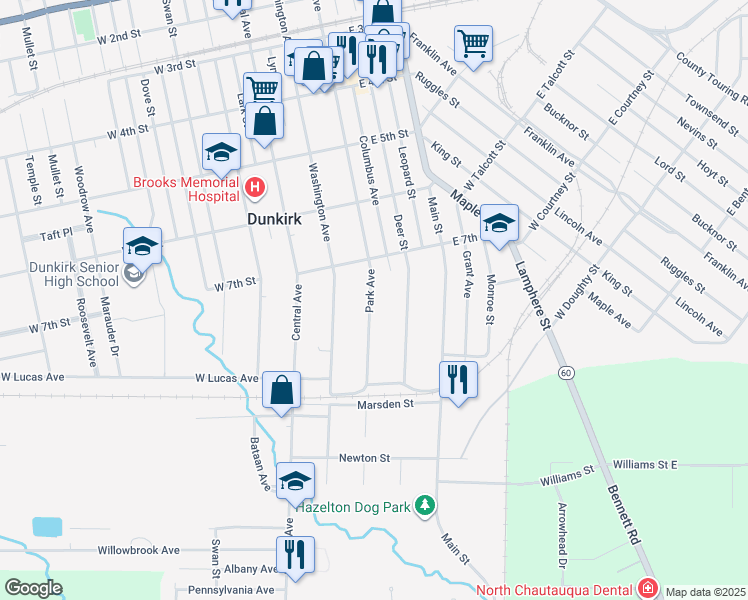 map of restaurants, bars, coffee shops, grocery stores, and more near 740 Park Avenue in Dunkirk