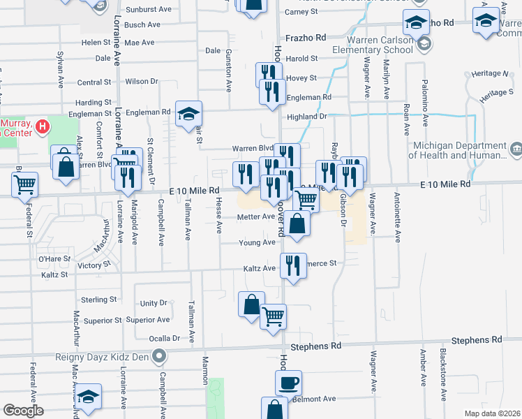 map of restaurants, bars, coffee shops, grocery stores, and more near 11581 Metter Avenue in Warren