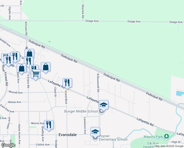 map of restaurants, bars, coffee shops, grocery stores, and more near 408 Miner Dr in Evansdale