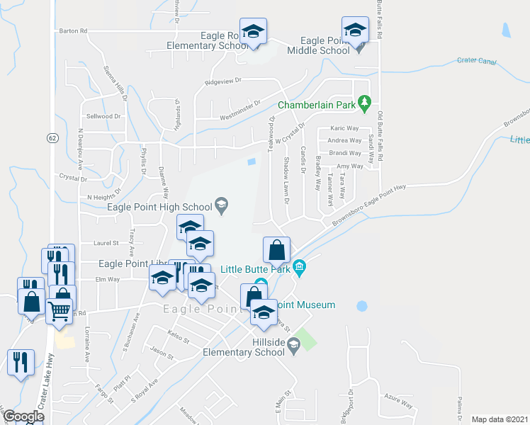 map of restaurants, bars, coffee shops, grocery stores, and more near 213 Teakwood Drive in Eagle Point