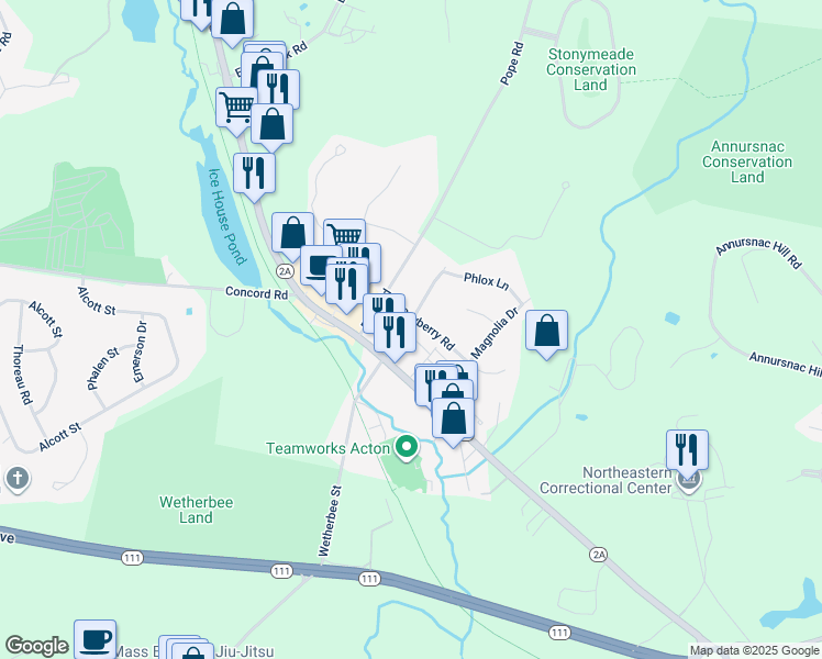 map of restaurants, bars, coffee shops, grocery stores, and more near 1 Bayberry Road in Acton