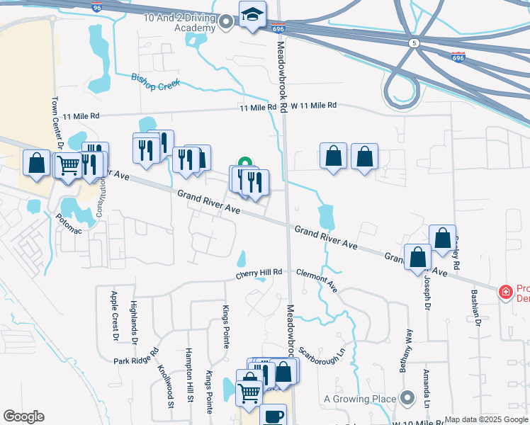 map of restaurants, bars, coffee shops, grocery stores, and more near Grandview Lane in Novi