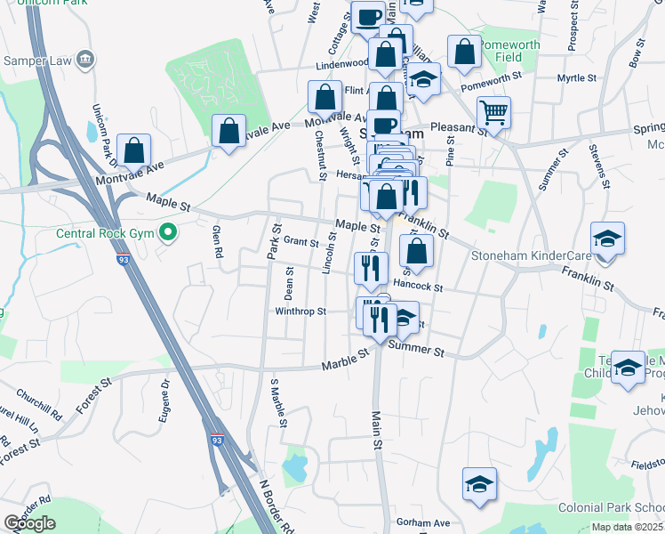 map of restaurants, bars, coffee shops, grocery stores, and more near 179 Hancock Street in Stoneham