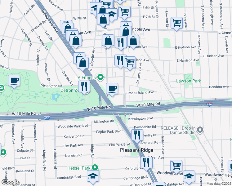 map of restaurants, bars, coffee shops, grocery stores, and more near 148 Tiffany Lane in Royal Oak