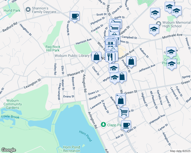 map of restaurants, bars, coffee shops, grocery stores, and more near 18 Warren Avenue in Woburn