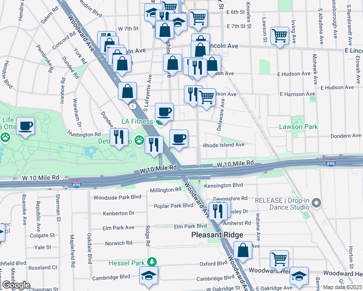 map of restaurants, bars, coffee shops, grocery stores, and more near 162 Tiffany Lane in Royal Oak