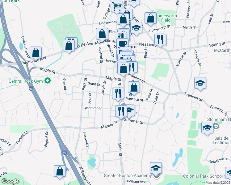 map of restaurants, bars, coffee shops, grocery stores, and more near 19 Warren Street in Stoneham