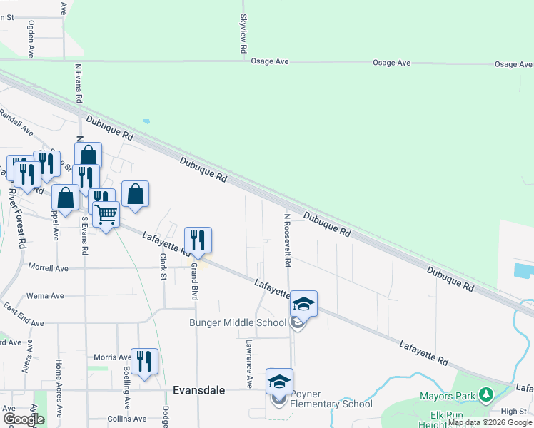 map of restaurants, bars, coffee shops, grocery stores, and more near 408 Miner Drive in Evansdale