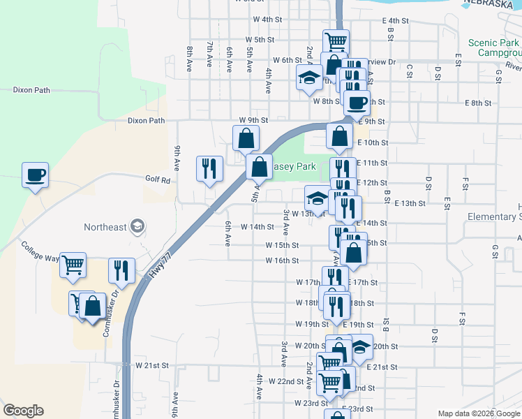 map of restaurants, bars, coffee shops, grocery stores, and more near 1210 5th Avenue in South Sioux City