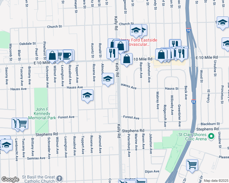 map of restaurants, bars, coffee shops, grocery stores, and more near 24685 Kelly Road in Eastpointe