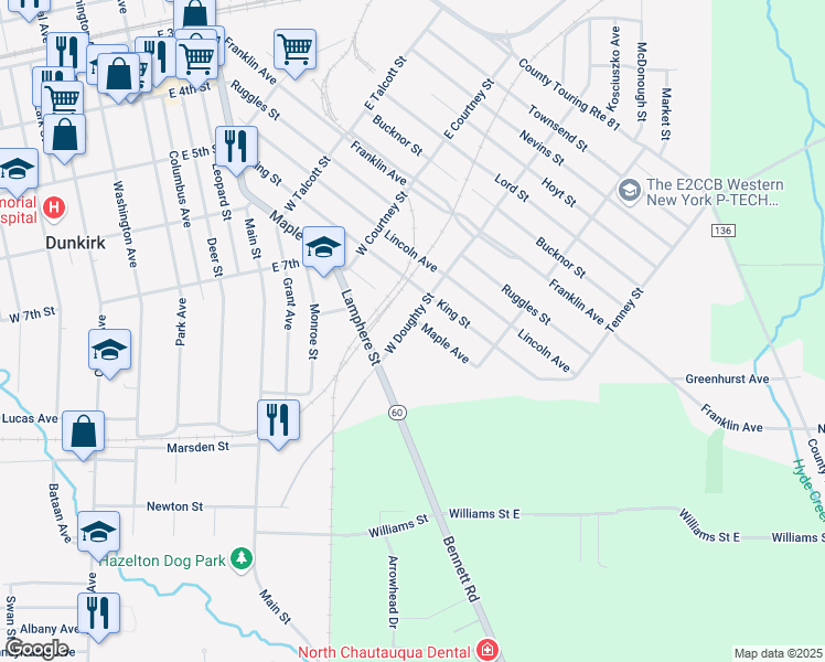 map of restaurants, bars, coffee shops, grocery stores, and more near 77 West Doughty Street in Dunkirk