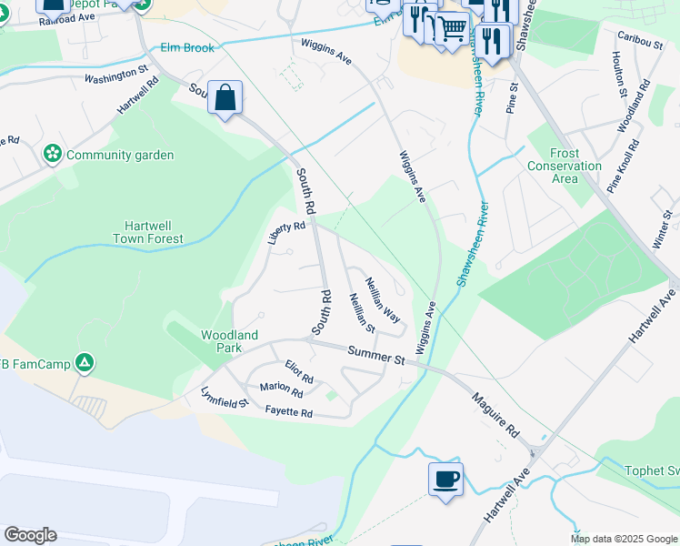 map of restaurants, bars, coffee shops, grocery stores, and more near 17 Neillian Street in Bedford