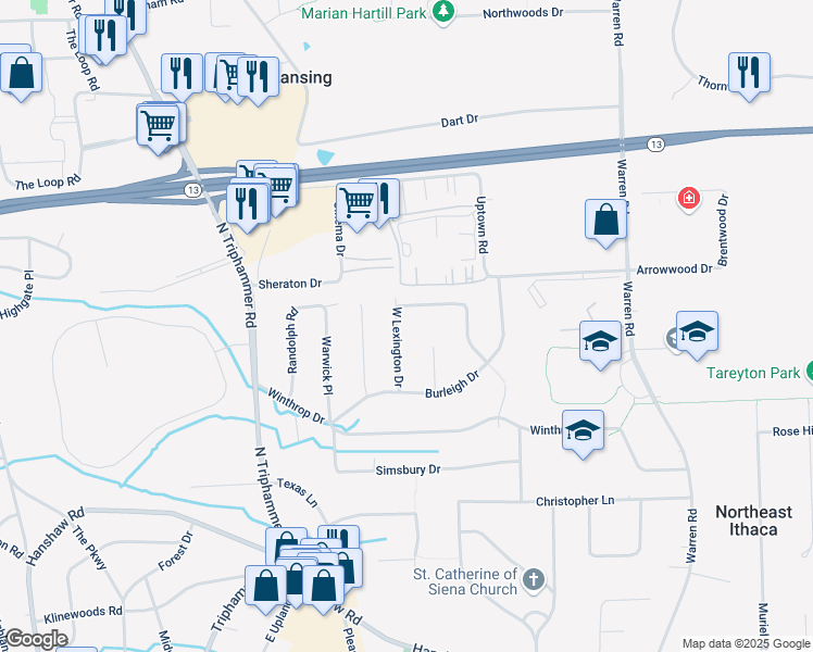 map of restaurants, bars, coffee shops, grocery stores, and more near 115 Lexington Drive in Ithaca