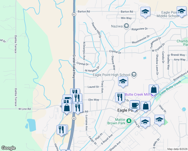 map of restaurants, bars, coffee shops, grocery stores, and more near 612 Clearview Way in Eagle Point