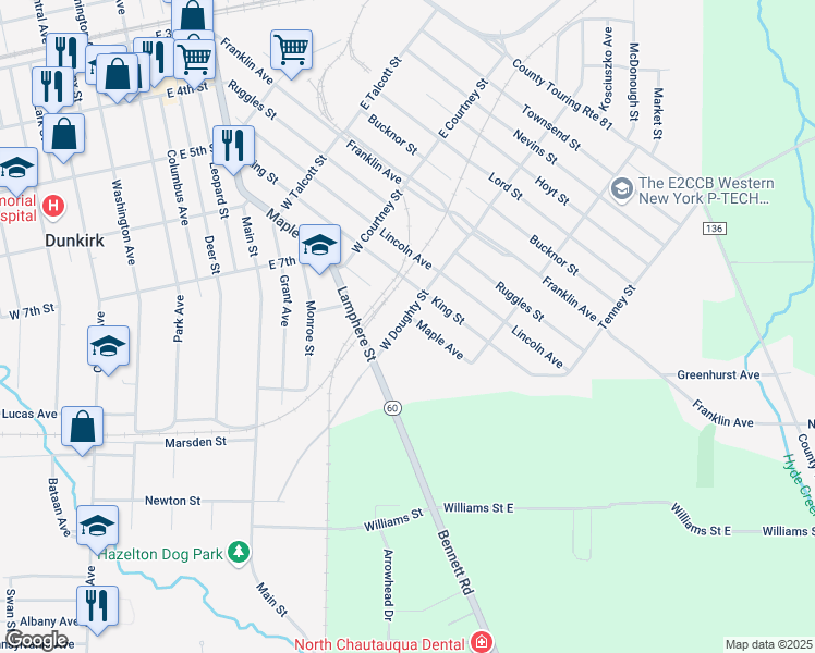 map of restaurants, bars, coffee shops, grocery stores, and more near 77 West Doughty Street in Dunkirk