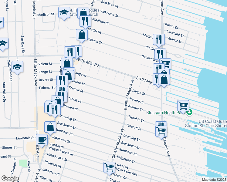 map of restaurants, bars, coffee shops, grocery stores, and more near 22009 Revere Street in St. Clair Shores