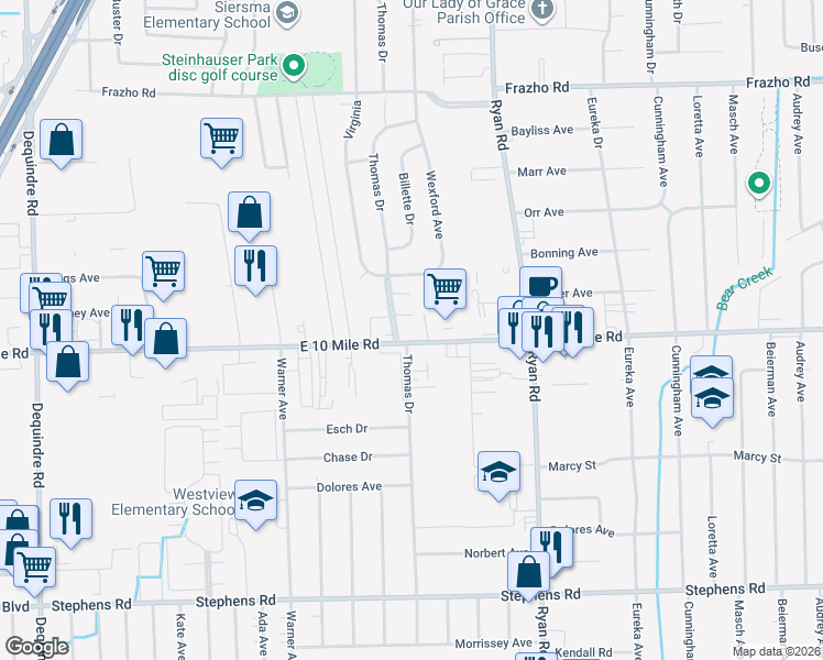map of restaurants, bars, coffee shops, grocery stores, and more near 3411 East 10 Mile Road in Warren