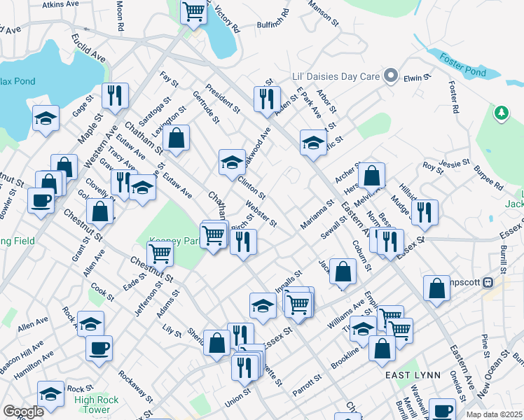 map of restaurants, bars, coffee shops, grocery stores, and more near 44 Webster Street in Lynn
