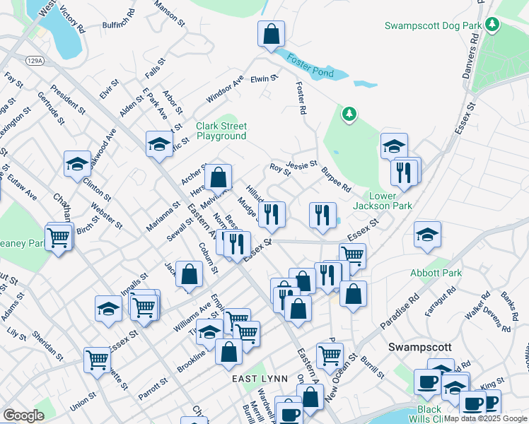 map of restaurants, bars, coffee shops, grocery stores, and more near 35 Mudge Street in Lynn
